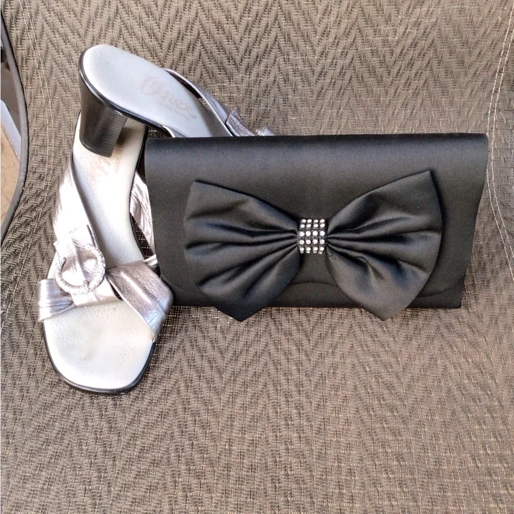 Black Satin Bowed Rhinestone Evening Bag Clutch